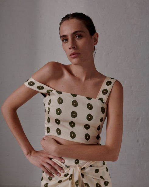 Marimba Silk Martellato Top  / Ivory Green Chintz